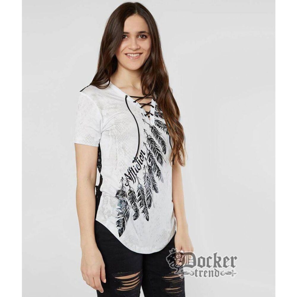 Affliction White Mesh Feather Graphic Tee Medium Moto Biker Alt Emo Punk Grunge